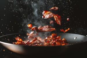 ai generato frittura Bacon nel un' frittura padella. superficiale profondità di campo. foto