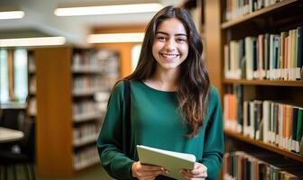 ai generato un' donna assorto nel digitale conoscenza a il biblioteca foto