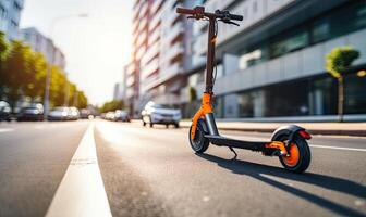 ai generato un arancia scooter zippare attraverso il vivace città strade foto