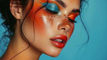 ai generato avvicinamento, bella viso di un' bellissimo donna con Multi colori vivido trucco su minimo sfondo, generativo ai foto