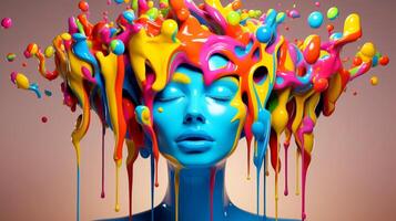 ai generato donna viso ornato con fluente dipingere arte, multicolore esplosione, generativo ai foto