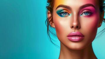 ai generato avvicinamento, bella viso di un' bellissimo donna con Multi colori vivido trucco su minimo sfondo, generativo ai foto