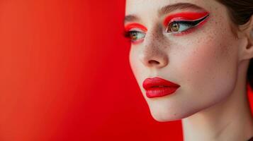 ai generato avvicinamento, bella viso di un' bellissimo donna con Multi colori vivido trucco su minimo sfondo, generativo ai foto