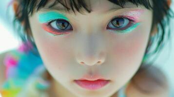 ai generato avvicinamento, bella viso di un' bellissimo bambino ragazza con Multi colori vivido trucco su minimo sfondo, generativo ai foto