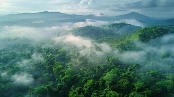 ai generato montagna paesaggio di verde foresta con nebbia. natura, ambiente, albero, giungla foto