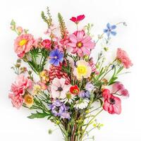 ai generato colorato primavera fiore mazzo preparativi su bianca sfondo. floreale, pianta, fioritura, petali foto