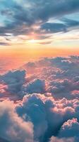 ai generato cielo pieno di nuvole e tramonto a partire dal aereo finestra. nube, aereo, natura, paesaggio, tempo atmosferico, luce, aria foto