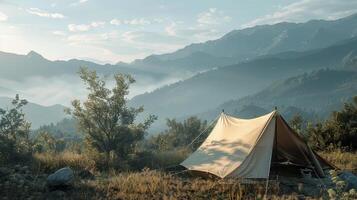 ai generato campo nel montagne. tenda, montagna, escursione, escursionismo, turismo, viaggiare, natura, paesaggio, sfondo, sfondo, all'aperto, avventura, tempo libero, vacanza, trekking, foresta foto