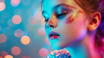 ai generato avvicinamento, bella viso di un' bellissimo bambino ragazza con Multi colori vivido trucco su minimo sfondo, generativo ai foto