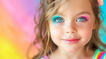 ai generato avvicinamento, bella viso di un' bellissimo bambino ragazza con Multi colori vivido trucco su minimo sfondo, generativo ai foto