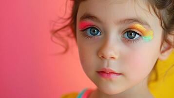 ai generato avvicinamento, bella viso di un' bellissimo bambino ragazza con Multi colori vivido trucco su minimo sfondo, generativo ai foto