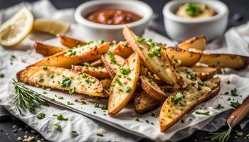 ai generato croccante aglio parmigiano Patata cunei foto