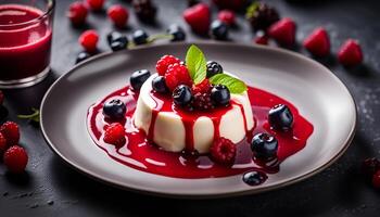 ai generato panna cotta con rosso bacca salsa su un' buio sfondo. foto