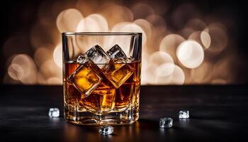 ai generato bicchiere di whisky con ghiaccio e quercia le foglie su un' buio sfondo foto