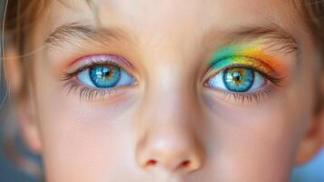 ai generato avvicinamento, bella viso di un' bellissimo bambino ragazza con Multi colori vivido trucco su minimo sfondo, generativo ai foto