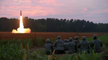 ai generato militare squadra osservando missile lanciare a crepuscolo nel campagna foto