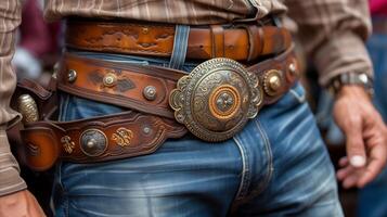 ai generato avvicinamento Visualizza di tradizionale cowboy cintura fibbia e pelle Accenti foto
