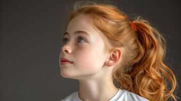 ai generato ritratto di un' giovane ragazza con rosso capelli e lentiggini guardare verso l'alto foto