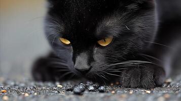ai generato intenso nero gatto con penetrante giallo occhi avvicinamento ritratto foto
