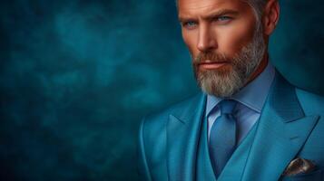 ai generato distinto signore nel elegante blu completo da uomo contro alzavola sfondo foto
