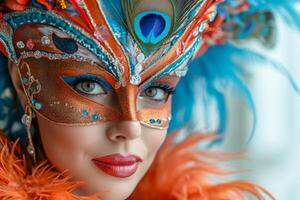 ai generato ritratto di contento sorridente donna nel luminosa carnevale veneziano maschera su bianca sfondo foto