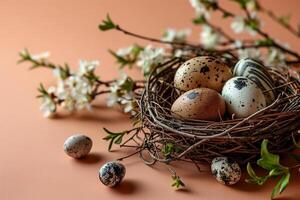 ai generato nido con colorato Pasqua uova e primavera fiori su un' pesca colorato sfondo foto