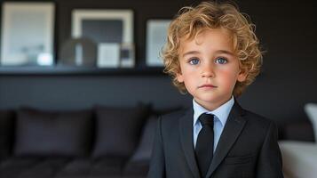 ai generato giovane ragazzo nel completo da uomo con Riccio capelli a casa foto