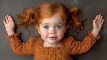 ai generato adorabile dai capelli rossi bambino piccolo ragazza dire bugie giù con un' giocoso espressione foto