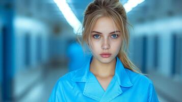 ai generato giovane femmina professionale nel blu camicia in piedi nel un' moderno ufficio corridoio foto