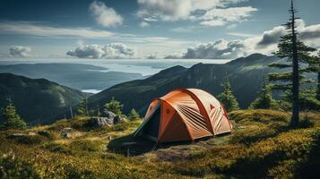 ai generato eccezionale campeggio nel superiore di montagna. solitario verde tenda è nascosto nel un' montagna foresta tra rosso nano betulla cespugli. turismo concetto avventura viaggio all'aperto foto