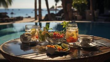 ai generato prima colazione nel nuoto piscina, galleggiante prima colazione nel lussuoso tropicale ricorrere. tavolo rilassante su calma piscina acqua, salutare prima colazione e frutta piatto di ricorrere piscina. foto