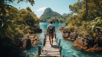ai generato rilassante su legna ponte nel bellissimo destinazione isola, phang-nga baia, blu cielo, avventura stile di vita viaggio Tailandia, turismo natura paesaggio Asia, turista su estate vacanza foto