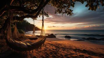 ai generato tramonto, tropicale spiaggia Paradiso come estate paesaggio con spiaggia swing o amaca e bianca sabbia, calma mare sereno spiaggia. lusso spiaggia vacanza estate vacanza. foto