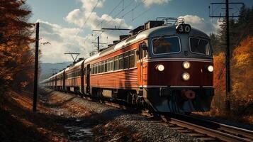 ai generato treno su il Ferrovia, sorprendente montagna sfondo foto