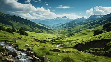 ai generato panoramico Visualizza di montagna e erba coperto colline foto