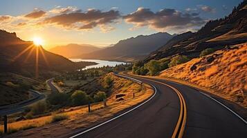 ai generato panoramico curvo autostrada asfalto strada con d'oro cielo e montagna nel il tramonto foto