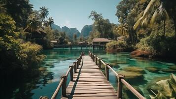 ai generato rilassante su legna ponte nel bellissimo destinazione isola, phang-nga baia, blu cielo, avventura stile di vita viaggio Tailandia, turismo natura paesaggio Asia, turista su estate vacanza foto