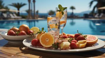 ai generato prima colazione nel nuoto piscina, galleggiante prima colazione nel lussuoso tropicale ricorrere. tavolo rilassante su calma piscina acqua, salutare prima colazione e frutta piatto di ricorrere piscina. foto