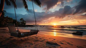 ai generato Alba, tropicale spiaggia Paradiso come estate paesaggio con spiaggia swing o amaca e bianca sabbia, calma mare sereno spiaggia. lusso spiaggia vacanza estate vacanza. foto