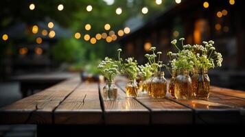 ai generato vuoto di legno tavolo, verde bokeh sfondo foto