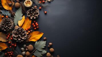 ai generato autunno le foglie con pino coni e frutti di bosco e un' foglio di pergamena carta su un' buio grigio sfondo a partire dal sopra. con spazio per testo. foto