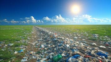 ai generato inquinamento nel un' verde campo, plastica rifiuto sotto un' soleggiato cielo foto