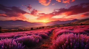 ai generato meraviglioso scenario, sorprendente estate paesaggio di fioritura lavanda fiori, tranquillo, calmo tramonto Visualizza, agricoltura scenico. bellissimo natura sfondo foto