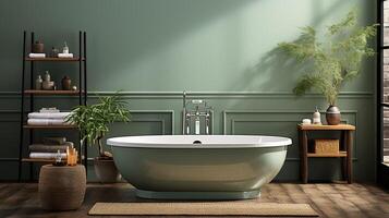 ai generato interno di moderno bagno con verde muri, di legno pavimento, confortevole vasca da bagno e Doppio Lavello con specchio foto