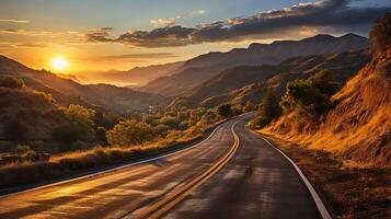 ai generato panoramico curvo autostrada asfalto strada con d'oro cielo e montagna nel il tramonto foto