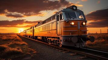 ai generato treno su il Ferrovia, tramonto sfondo foto