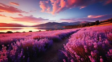 ai generato meraviglioso scenario, sorprendente estate paesaggio di fioritura lavanda fiori, tranquillo, calmo tramonto Visualizza, agricoltura scenico. bellissimo natura sfondo foto