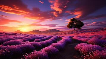 ai generato meraviglioso scenario, sorprendente estate paesaggio di fioritura lavanda fiori, tranquillo, calmo tramonto Visualizza, agricoltura scenico. bellissimo natura sfondo foto