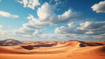 ai generato bellissimo paesaggio di deserto dune montagne con luminosa nuvole cielo. minimo natura sfondo. foto