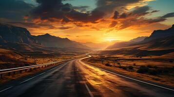 ai generato panoramico curvo autostrada asfalto strada con d'oro cielo e montagna nel il tramonto foto